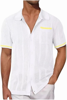 Men's Short Sleeve Knit Shirt Vintage Loose Button Down Lapel Solid Blouses Summer Casual Retro Workout Shirts