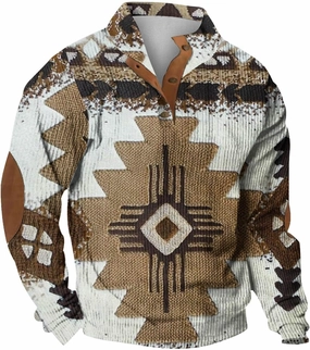 Men Shirts Casual Long Sleeve Aztec Ethnic Quarter Zip Lightweight Sweatshirt Causal Ethnic Print Button Pullover
