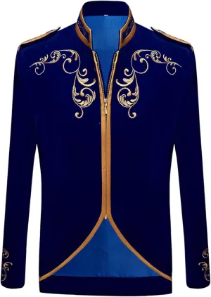 Men's Blazer, White Court Prince Gold Embroidered Jacket, Singer Performance Suit-Blue-Medium
