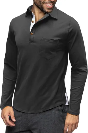 Men's Classic Casual Long Sleeve Shirts Cotton Polo Shirt with Pocket Vintage Solid Regular Fit Golf Tee Shirts