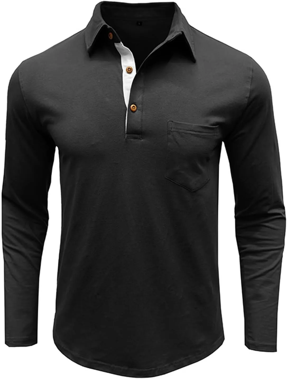 Men's Classic Casual Long Sleeve Shirts Cotton Polo Shirt with Pocket Vintage Solid Regular Fit Golf Tee Shirts