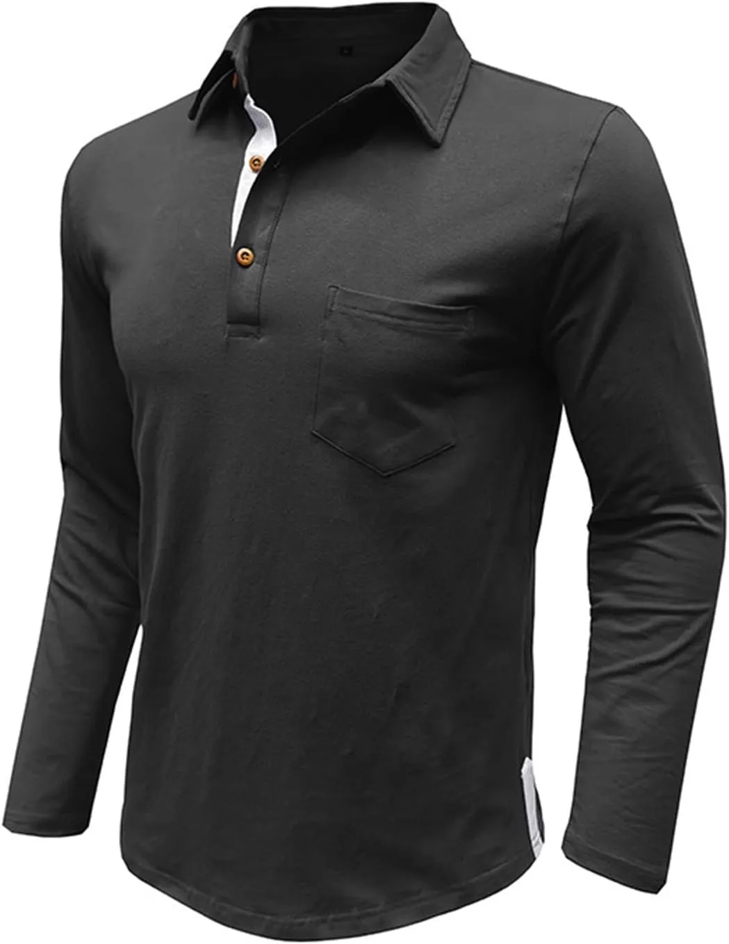 Men's Classic Casual Long Sleeve Shirts Cotton Polo Shirt with Pocket Vintage Solid Regular Fit Golf Tee Shirts