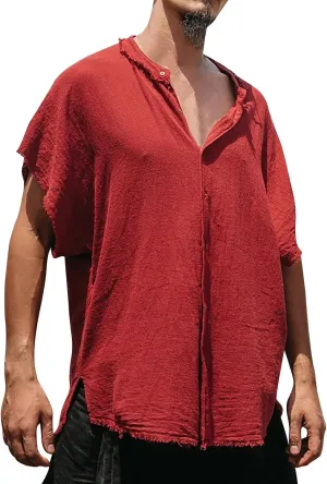Mens Country Style Shirts Cotton Linen Loose Fit Short Sleeve Cardigan Frayed Hem Hippie Streetwear T-Shirts for Men