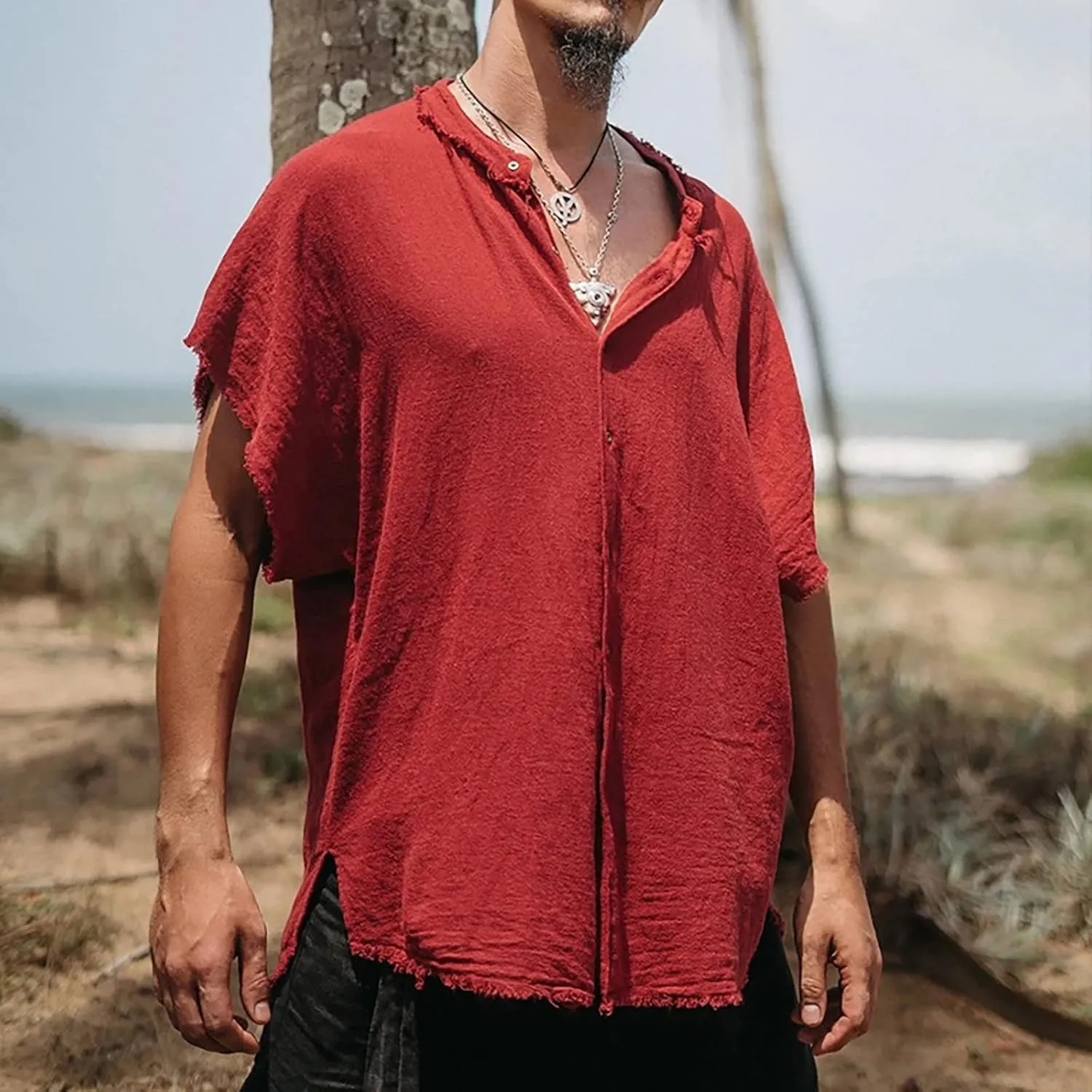 Mens Country Style Shirts Cotton Linen Loose Fit Short Sleeve Cardigan Frayed Hem Hippie Streetwear T-Shirts for Men