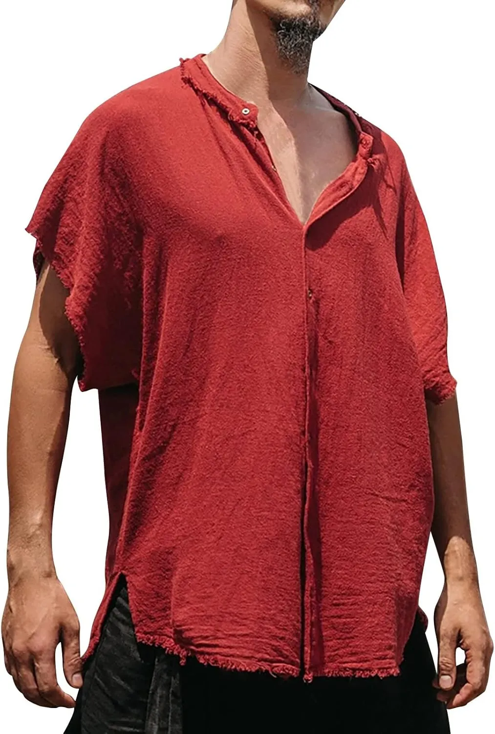 Mens Country Style Shirts Cotton Linen Loose Fit Short Sleeve Cardigan Frayed Hem Hippie Streetwear T-Shirts for Men