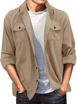 Mens Front Pockets Suede Leather Jackets Vintage Button Down Shirt Jackets Long Sleeve Work Overshirts Trucker Coats