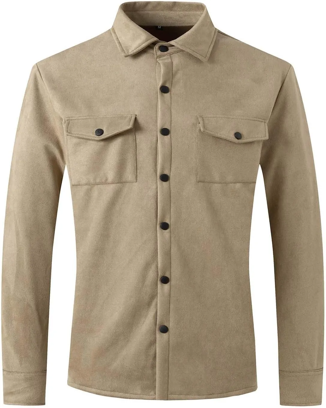 Mens Front Pockets Suede Leather Jackets Vintage Button Down Shirt Jackets Long Sleeve Work Overshirts Trucker Coats