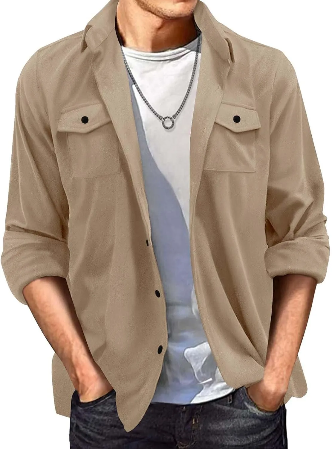 Mens Front Pockets Suede Leather Jackets Vintage Button Down Shirt Jackets Long Sleeve Work Overshirts Trucker Coats
