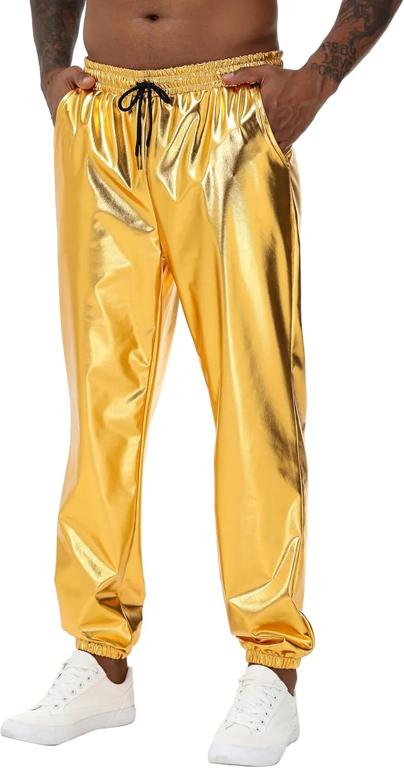Mens Gold Metallic Shiny Rave Night Club Pants Comfort Sweatpants Disco Dance Party Elastic Trousers