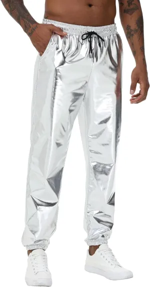 Mens Gold Metallic Shiny Rave Night Club Pants Comfort Sweatpants Disco Dance Party Elastic Trousers
