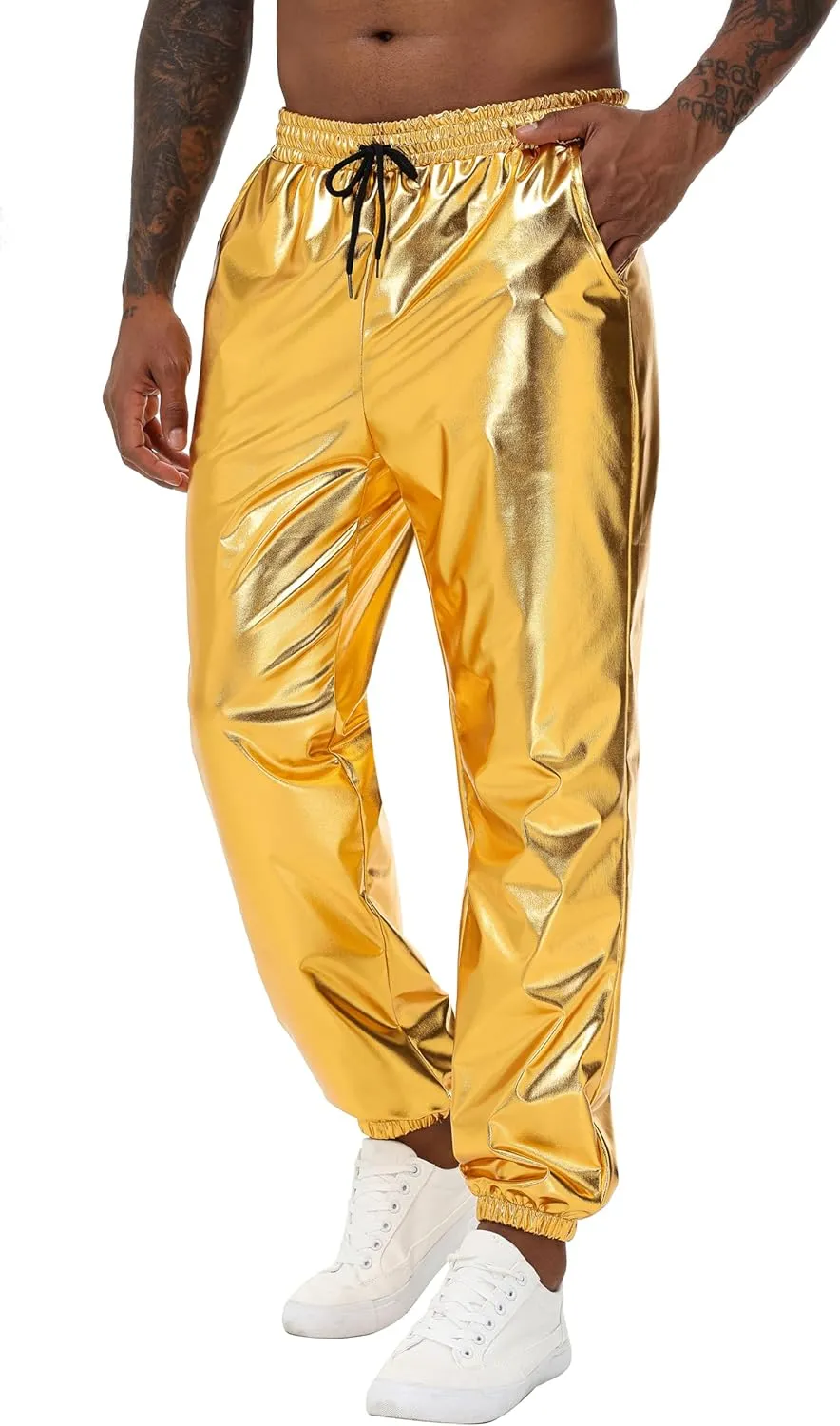 Mens Gold Metallic Shiny Rave Night Club Pants Comfort Sweatpants Disco Dance Party Elastic Trousers
