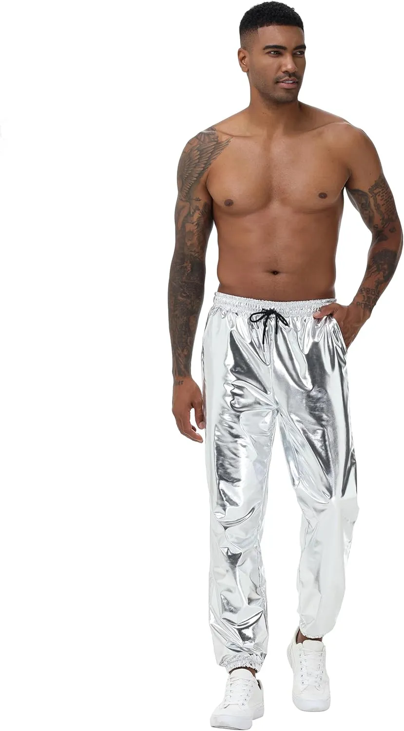 Mens Gold Metallic Shiny Rave Night Club Pants Comfort Sweatpants Disco Dance Party Elastic Trousers