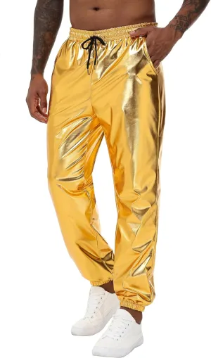 Mens Gold Metallic Shiny Rave Night Club Pants Comfort Sweatpants Disco Dance Party Elastic Trousers