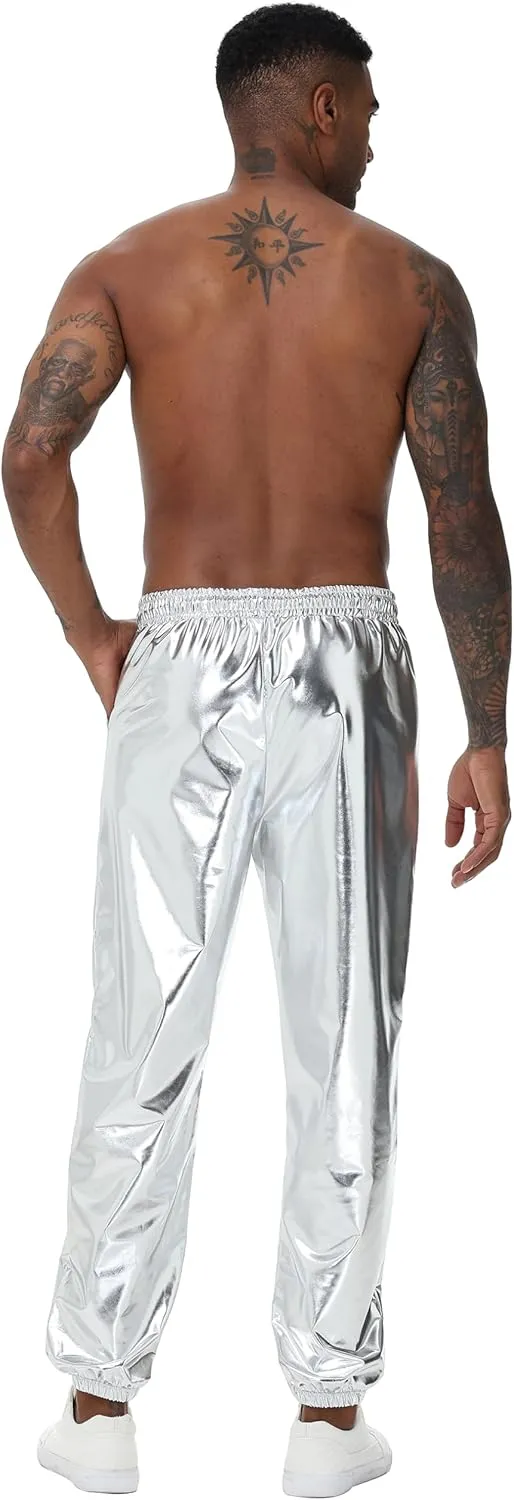 Mens Gold Metallic Shiny Rave Night Club Pants Comfort Sweatpants Disco Dance Party Elastic Trousers