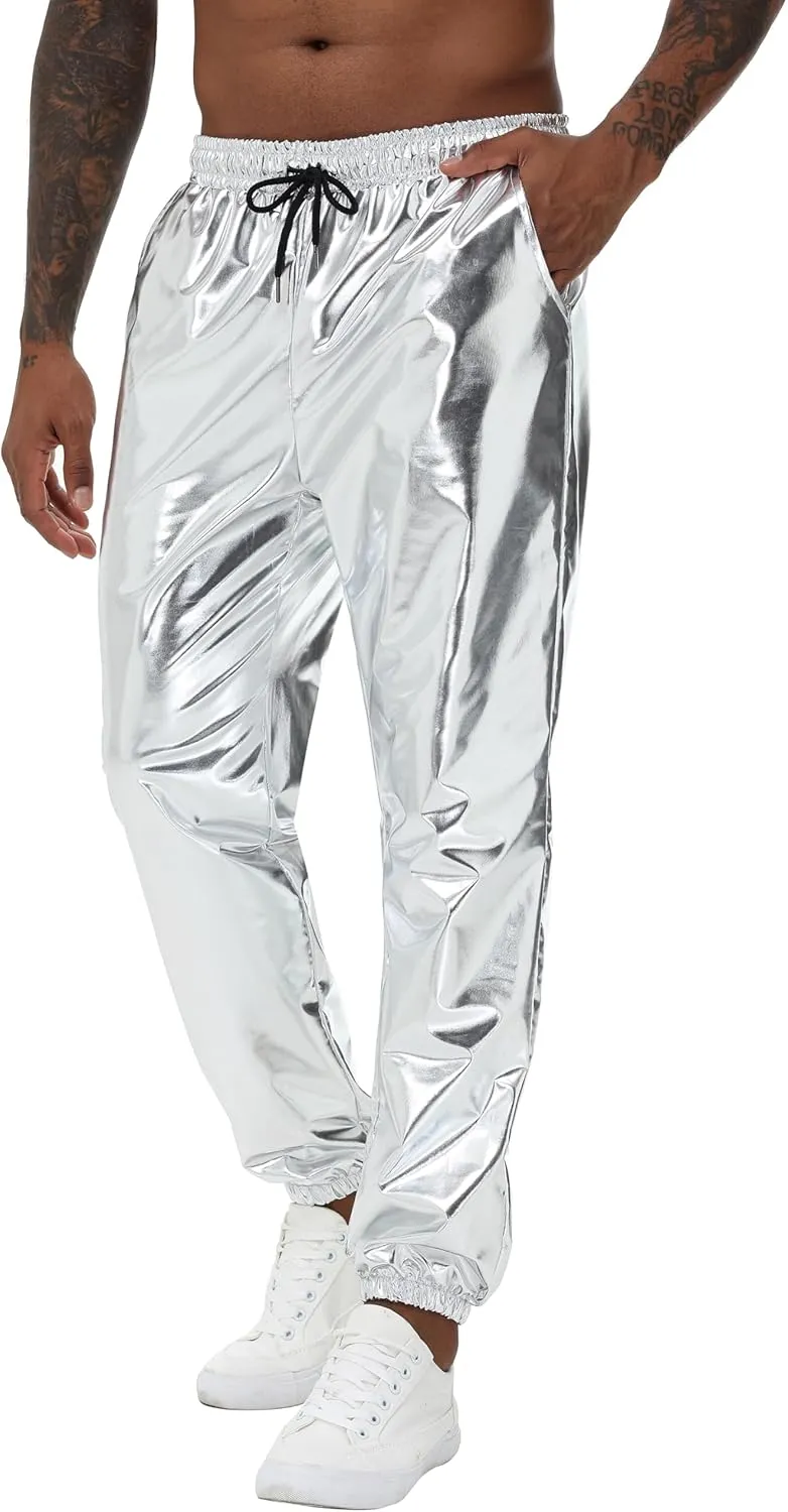 Mens Gold Metallic Shiny Rave Night Club Pants Comfort Sweatpants Disco Dance Party Elastic Trousers