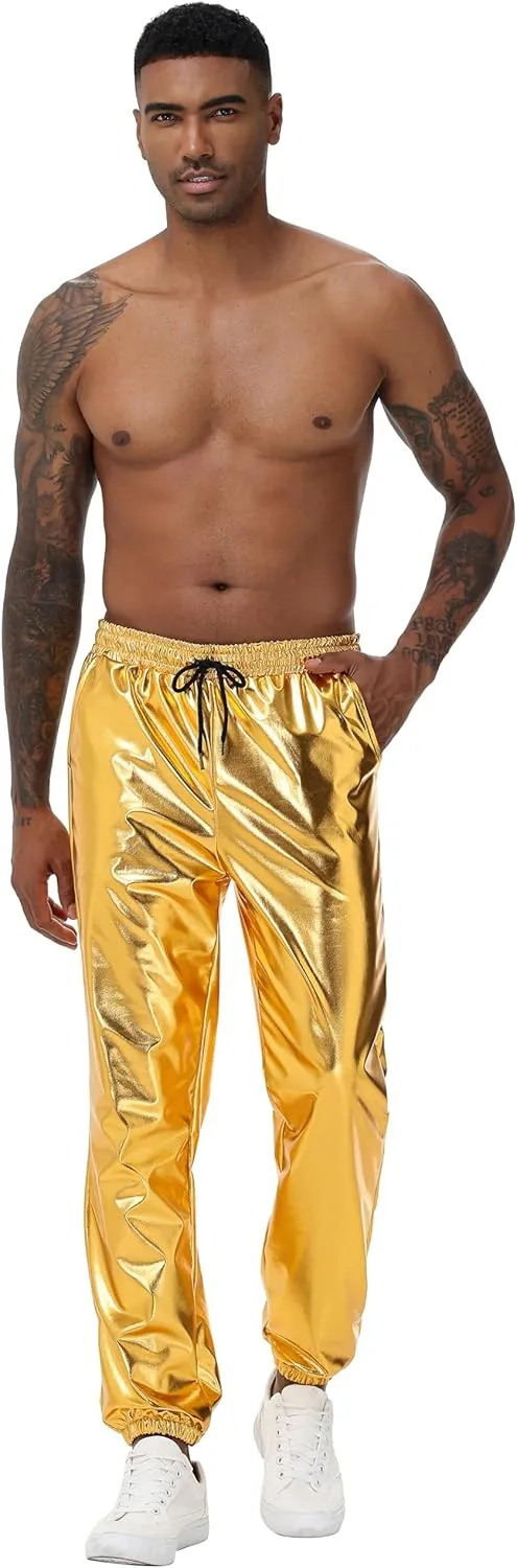 Mens Gold Metallic Shiny Rave Night Club Pants Comfort Sweatpants Disco Dance Party Elastic Trousers