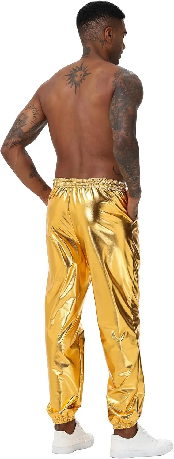 Mens Gold Metallic Shiny Rave Night Club Pants Comfort Sweatpants Disco Dance Party Elastic Trousers