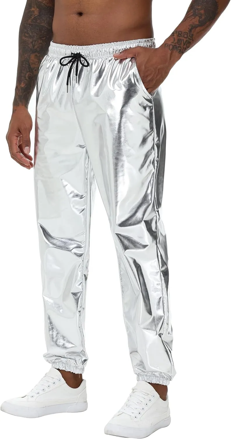 Mens Gold Metallic Shiny Rave Night Club Pants Comfort Sweatpants Disco Dance Party Elastic Trousers
