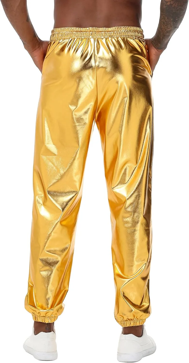 Mens Gold Metallic Shiny Rave Night Club Pants Comfort Sweatpants Disco Dance Party Elastic Trousers