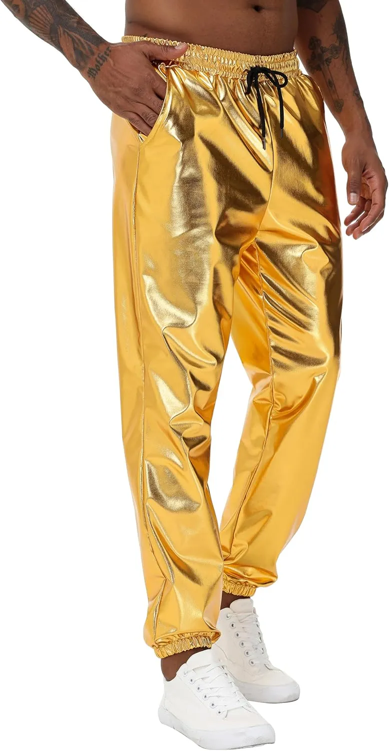 Mens Gold Metallic Shiny Rave Night Club Pants Comfort Sweatpants Disco Dance Party Elastic Trousers