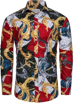 Mens Luxury Dress Shirts Baroque Gold Chain Print Casual Long Sleeve Button Down Buchona Shirt for Party