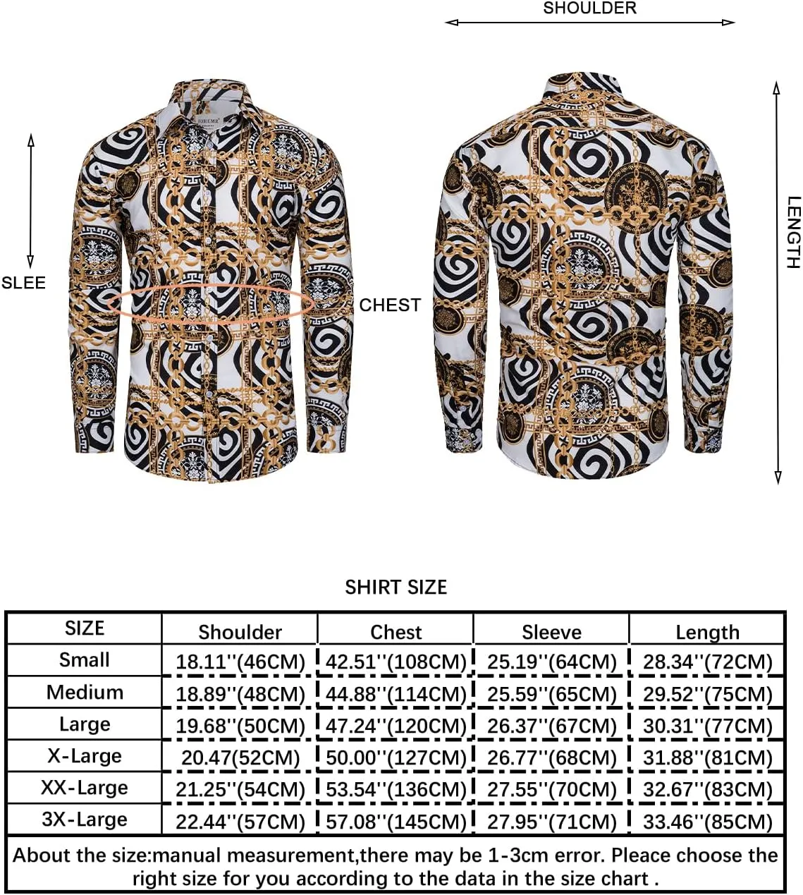 Mens Luxury Dress Shirts Baroque Gold Chain Print Casual Long Sleeve Button Down Buchona Shirt for Party