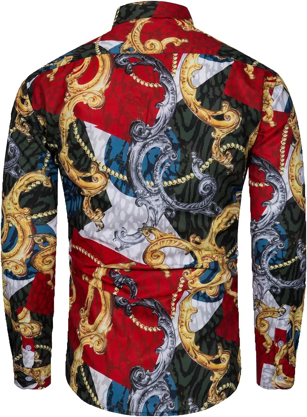 Mens Luxury Dress Shirts Baroque Gold Chain Print Casual Long Sleeve Button Down Buchona Shirt for Party