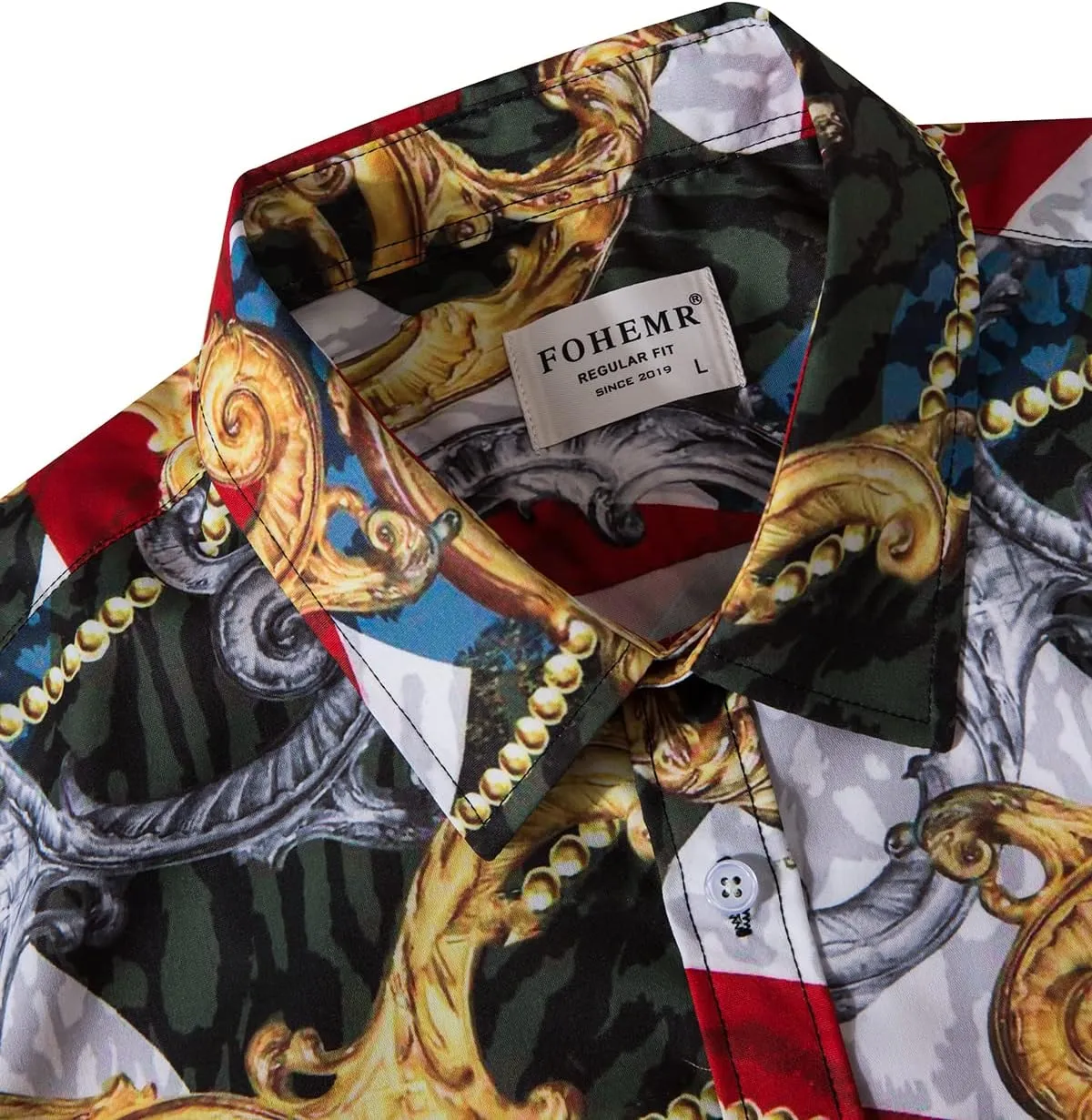 Mens Luxury Dress Shirts Baroque Gold Chain Print Casual Long Sleeve Button Down Buchona Shirt for Party