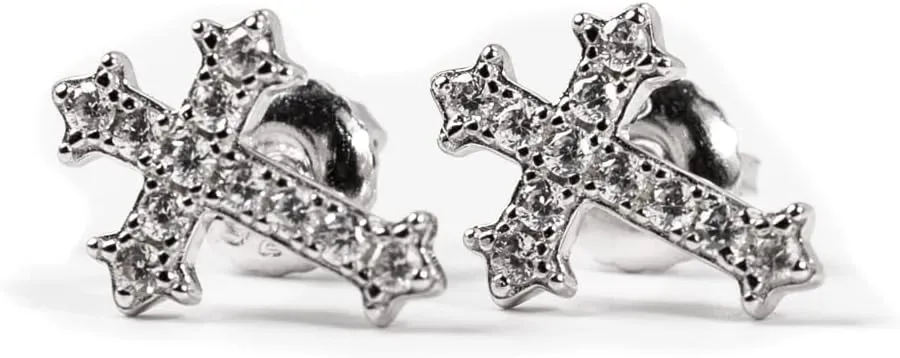 Mens Women's Small Prong Set Iced 5A Cz Hip Hop White Gold Rhodium 925 Sterling Silver Hypoallergenic Crucifix Ice Out Cubic Zirconia Gothic Cross Screw Back Stud Earrings