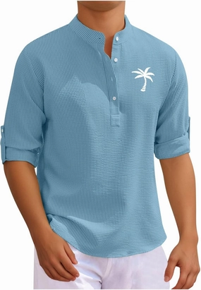 Mens 3/4 Sleeve Shirts Mock Turtleneck Coconut Tree Print Summer Henley Shirt Casual Waffle Roll Up Sleeve Beach Tops