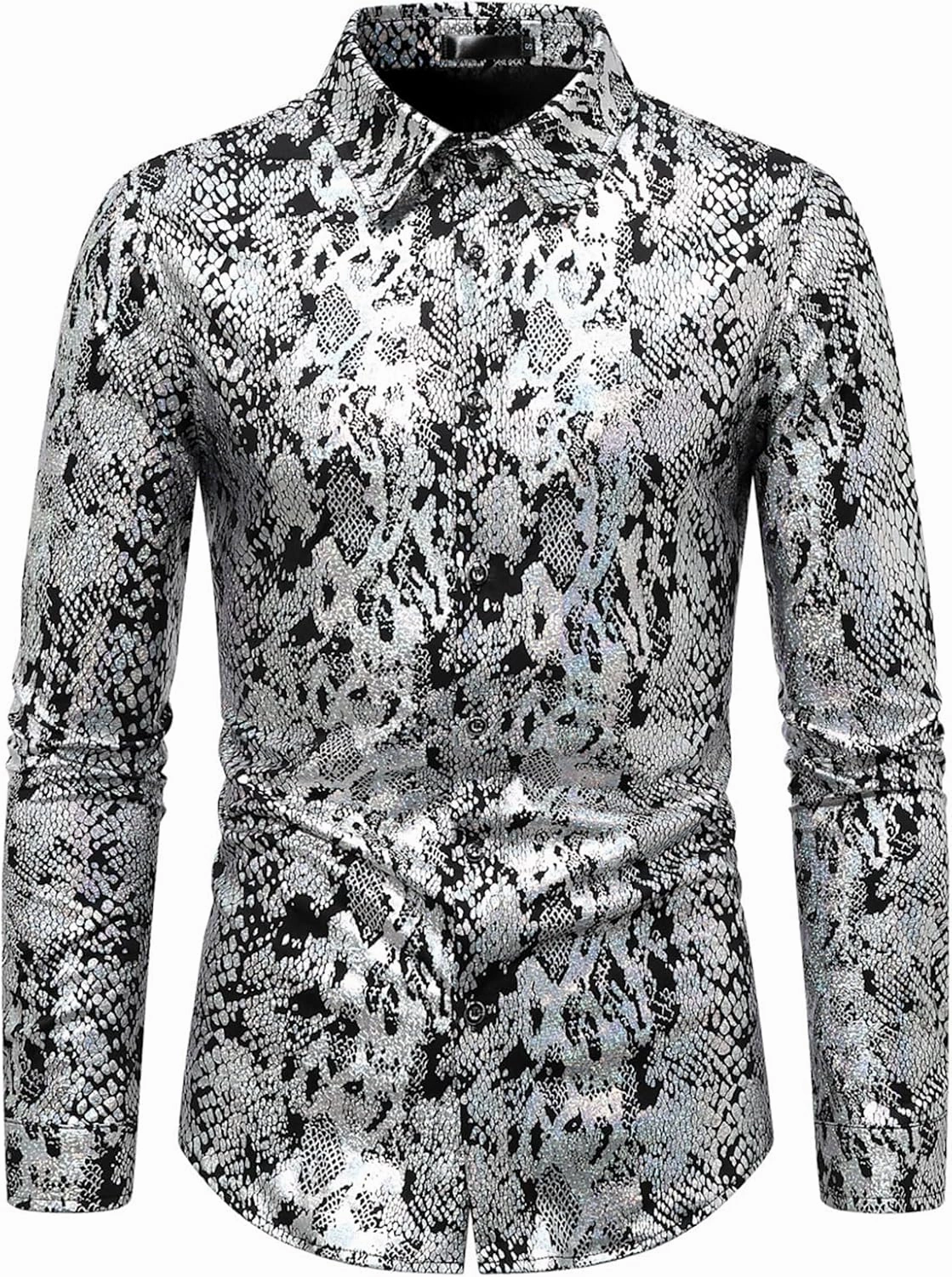 Mens 70s Disco Snakeskin Print Shirts Luxury Metallic Gold Shiny Button Down Dress Shirts Nightclub Costume
