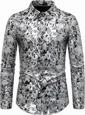 Mens 70s Disco Snakeskin Print Shirts Luxury Metallic Gold Shiny Button Down Dress Shirts Nightclub Costume