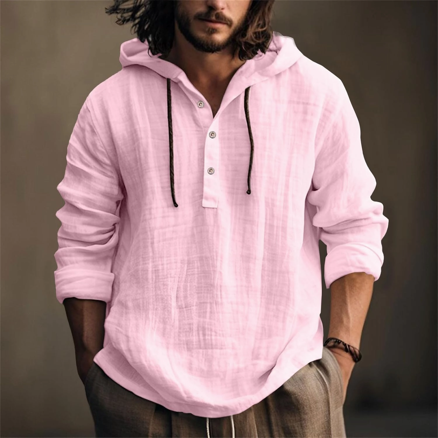 Mens Cotton Linen Shirts with Hood Long Sleeve Button Down Summer Tops Roll-Up Sleeve Lightweight Dry Fit Beach Tees