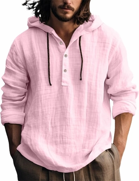 Mens Cotton Linen Shirts with Hood Long Sleeve Button Down Summer Tops Roll-Up Sleeve Lightweight Dry Fit Beach Tees