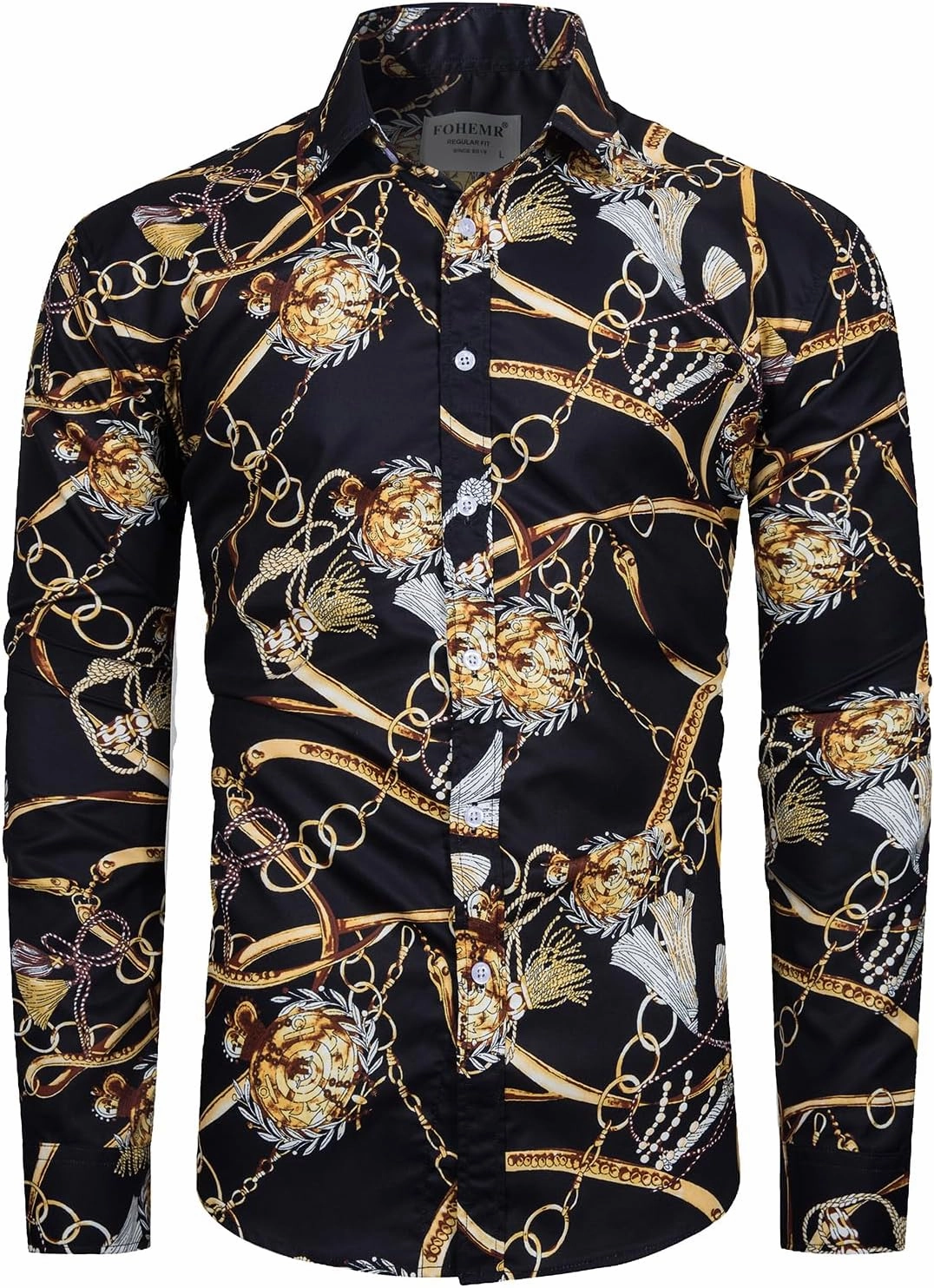 Mens Luxury Dress Shirts Baroque Gold Chain Print Casual Long Sleeve Button Down Buchona Shirt for Party