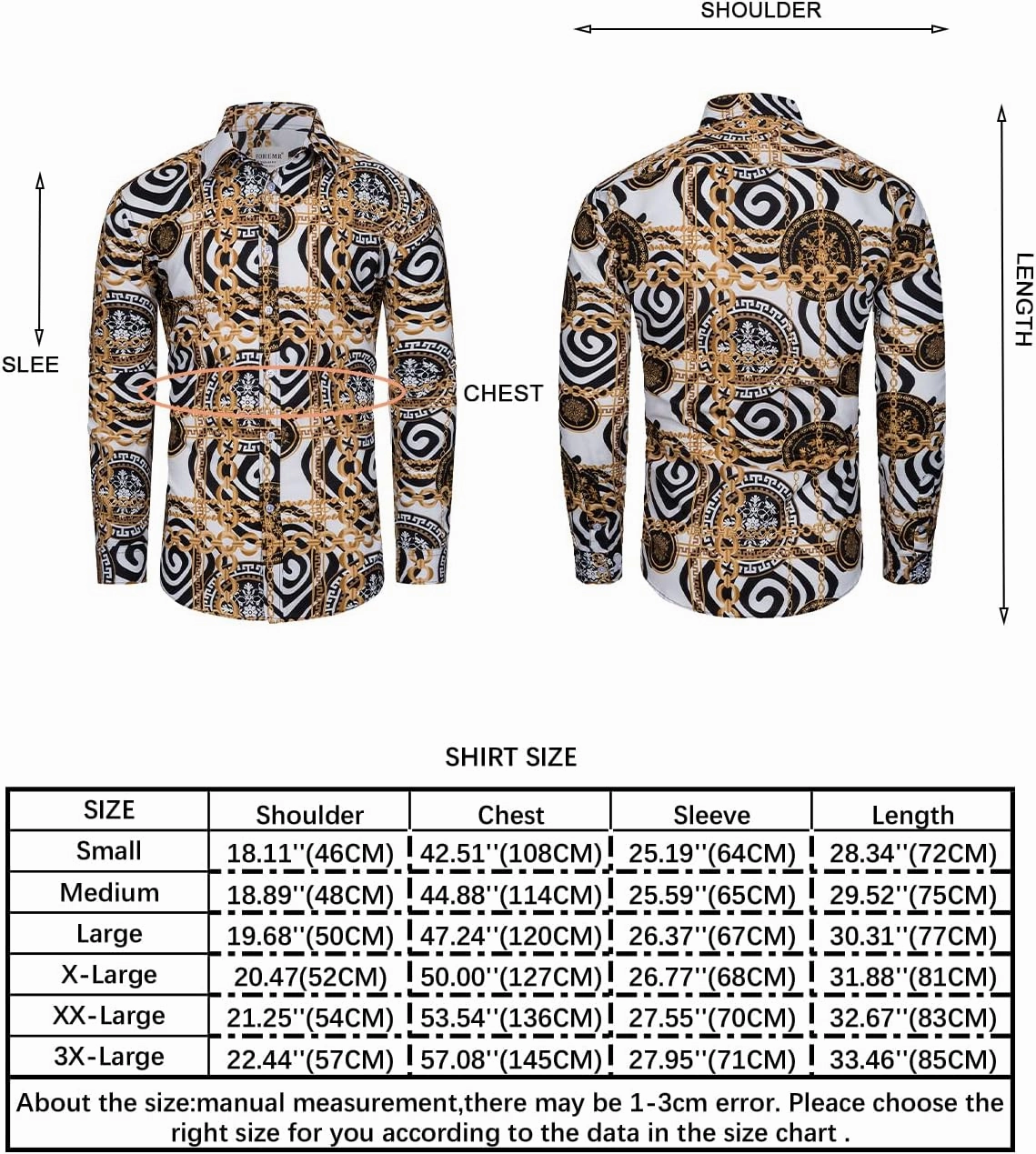 Mens Luxury Dress Shirts Baroque Gold Chain Print Casual Long Sleeve Button Down Buchona Shirt for Party