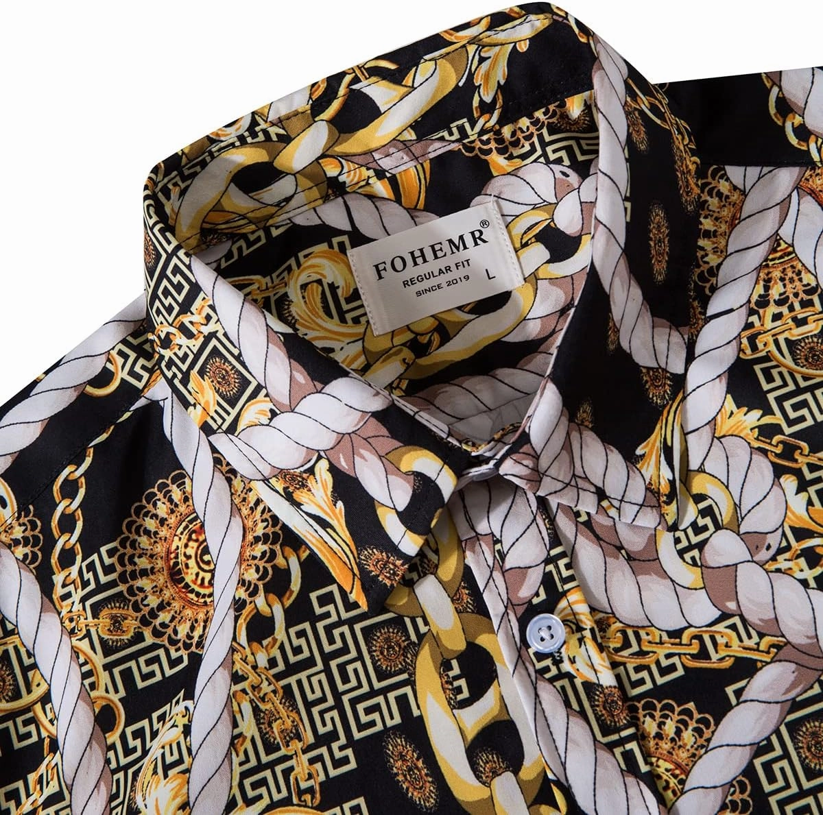 Mens Luxury Dress Shirts Baroque Gold Chain Print Casual Long Sleeve Button Down Buchona Shirt for Party