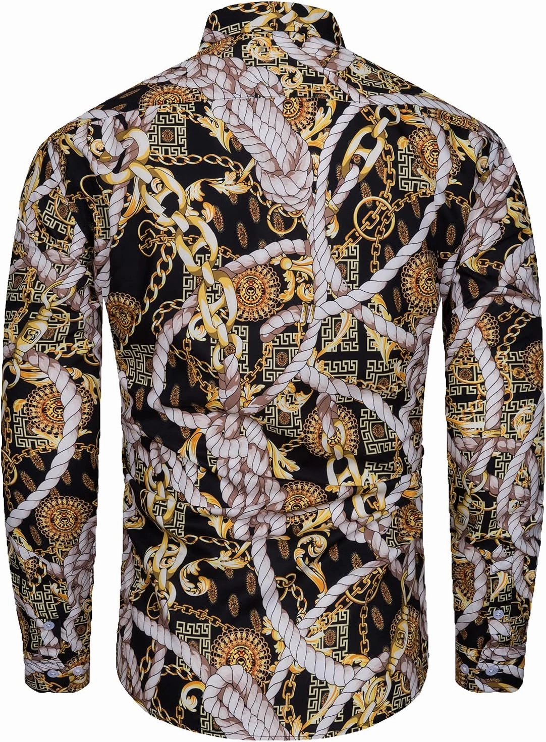Mens Luxury Dress Shirts Baroque Gold Chain Print Casual Long Sleeve Button Down Buchona Shirt for Party