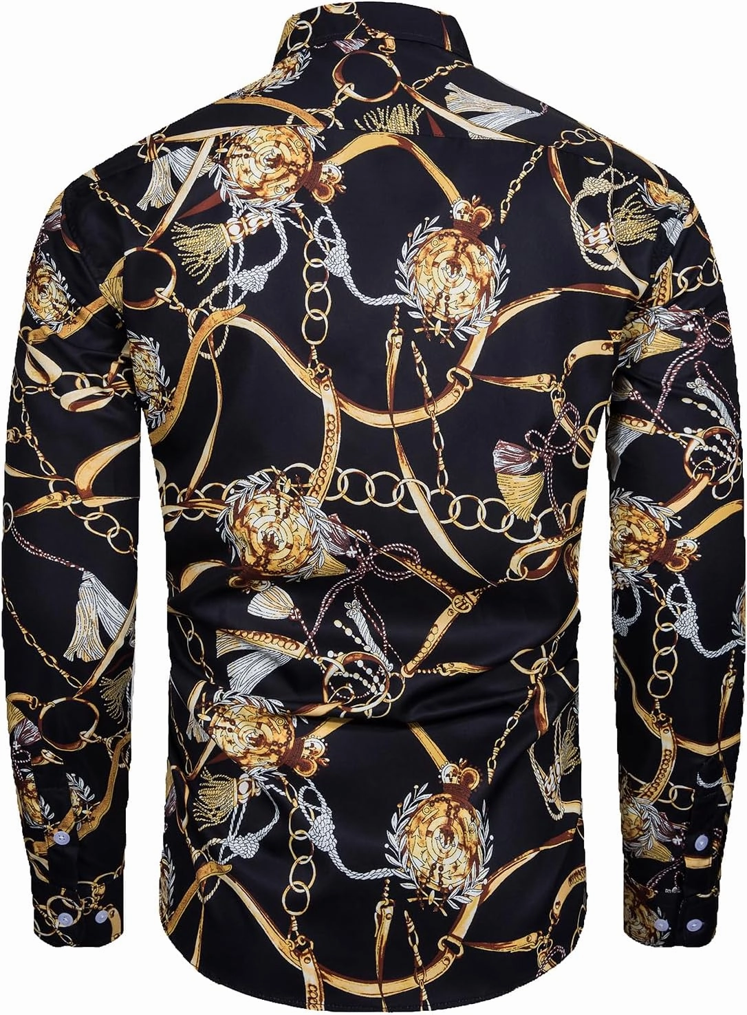 Mens Luxury Dress Shirts Baroque Gold Chain Print Casual Long Sleeve Button Down Buchona Shirt for Party