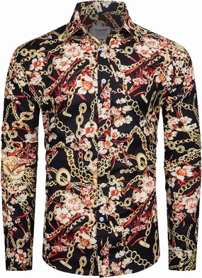 Mens Luxury Dress Shirts Baroque Gold Chain Print Casual Long Sleeve Button Down Buchona Shirt for Party