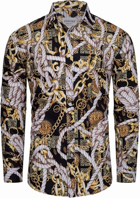 Mens Luxury Dress Shirts Baroque Gold Chain Print Casual Long Sleeve Button Down Buchona Shirt for Party