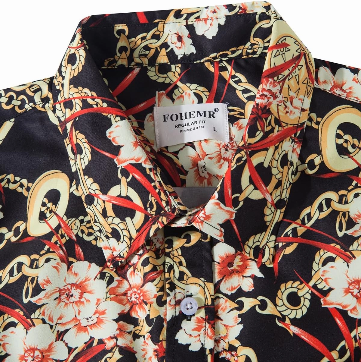 Mens Luxury Dress Shirts Baroque Gold Chain Print Casual Long Sleeve Button Down Buchona Shirt for Party