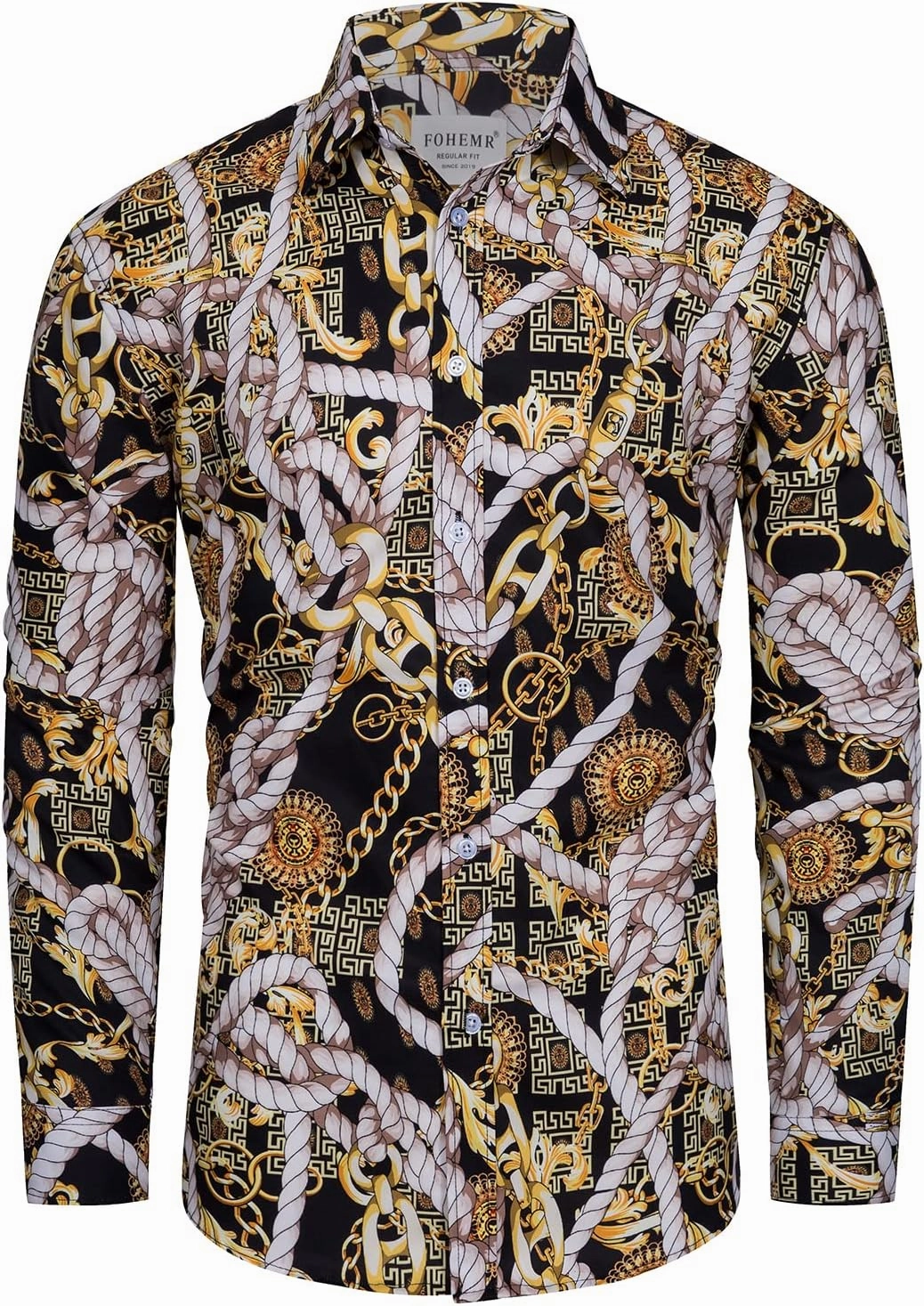 Mens Luxury Dress Shirts Baroque Gold Chain Print Casual Long Sleeve Button Down Buchona Shirt for Party