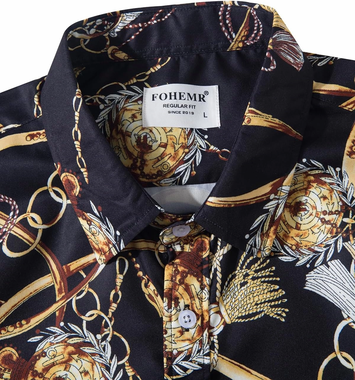 Mens Luxury Dress Shirts Baroque Gold Chain Print Casual Long Sleeve Button Down Buchona Shirt for Party