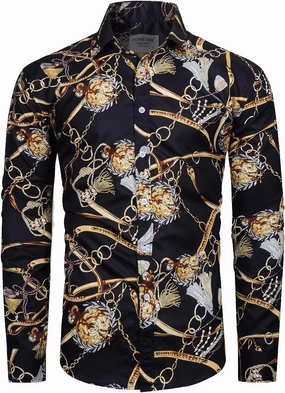 Mens Luxury Dress Shirts Baroque Gold Chain Print Casual Long Sleeve Button Down Buchona Shirt for Party