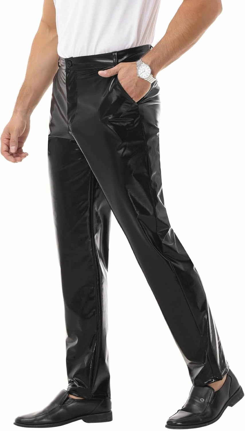 Mens Metallic Pants Night Club Rave Sequin Pants Shiny Slim Fit Trousers Disco Party Outfit