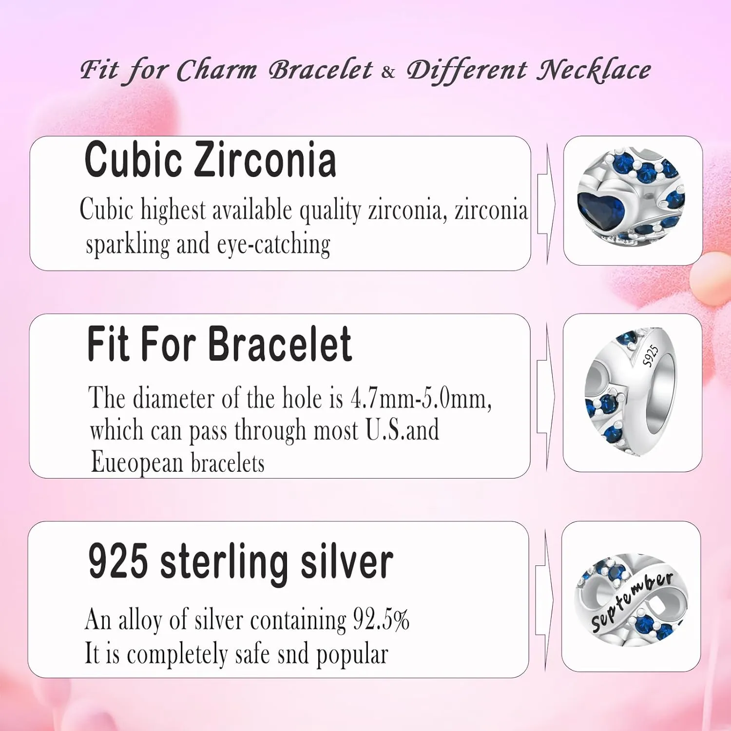 MICOO 925 Sterling Silver Jan-Dec Birthstone Charms For Bracelets and Necklaces, Original DIY Bead Charms With Cubic Zirconias Jewelry Birthday Gifts For Women.