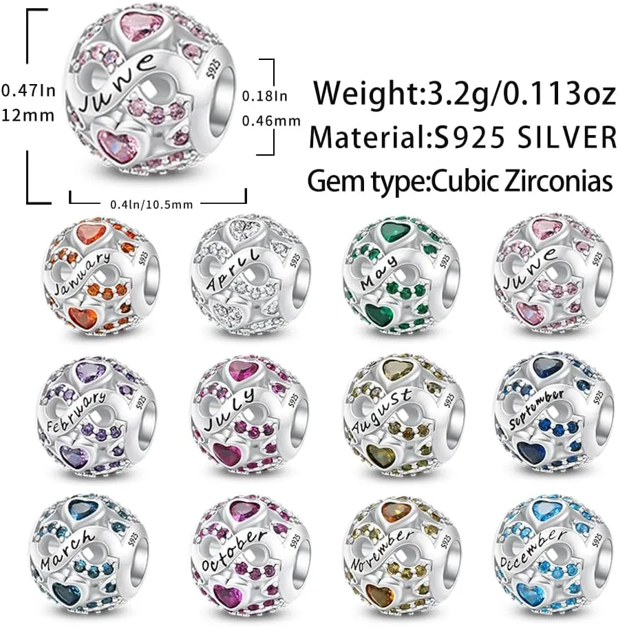 MICOO 925 Sterling Silver Jan-Dec Birthstone Charms For Bracelets and Necklaces, Original DIY Bead Charms With Cubic Zirconias Jewelry Birthday Gifts For Women.