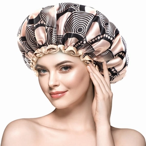 mikimini Champagne Large Shower Caps Pack of 2, Shower Cap for Women Long Hair with Black Lace, Reusable Waterproof Shower Hat for Girls