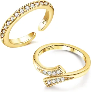 MILACOLATO 2Pcs Sterling Silver Toe Rings Set Cubic Zirconia Adjustable Band Rings Fitted Wrap Around Toe Ring for Women Summer Barefoot Jewelry